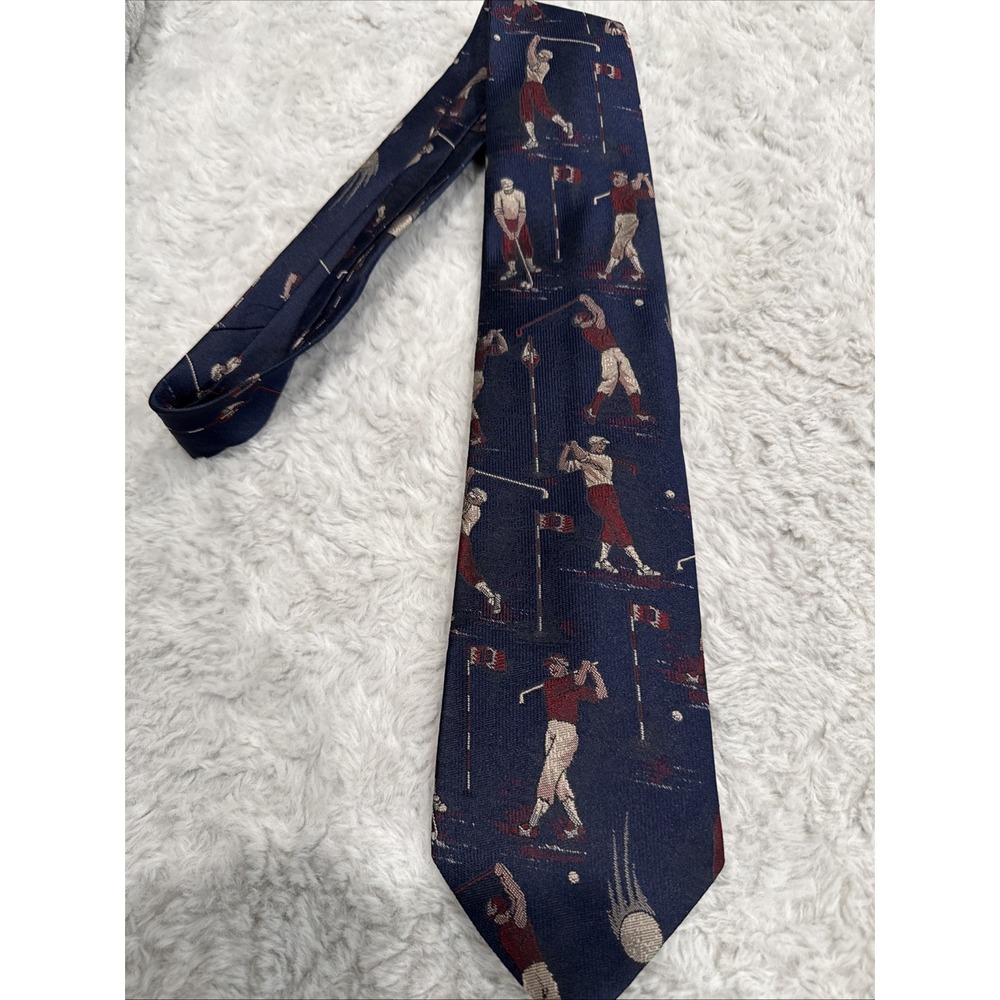 VTG Wembley Mens Polyester Necktie Navy Blue Green Brown Red Golf Print Tie USA